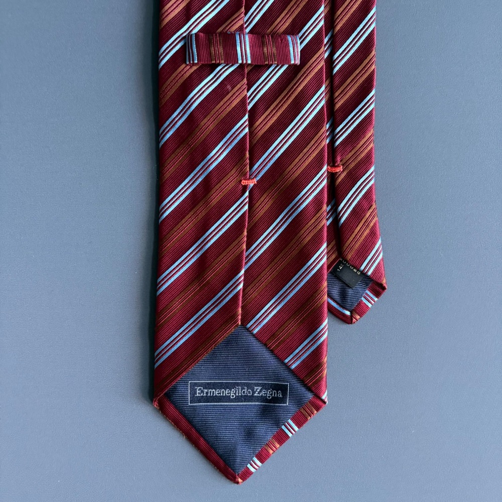Ermenegildo Zegna Silk Blend Tie | Burgundy Stripe | W 3.75" - L 57" - Picture 2 of 4